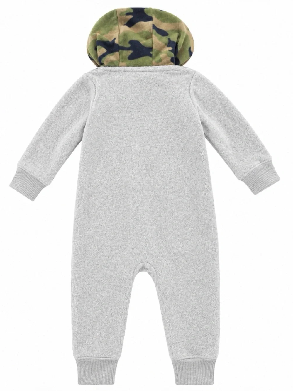 Carter's Gray Fleece Romper with Camo Hood Trim and Navy Edge